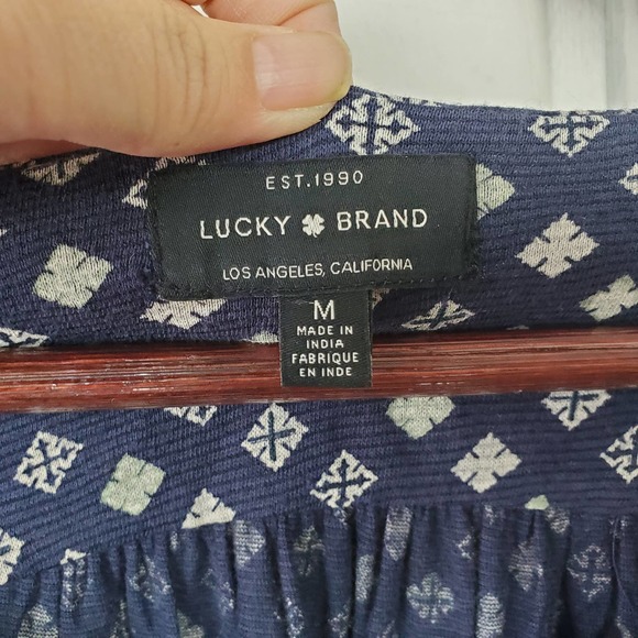 Lucky Brand Women's Medium Long Sleeve Boho Blue White Paisley Print Top - Picture 5 of 9